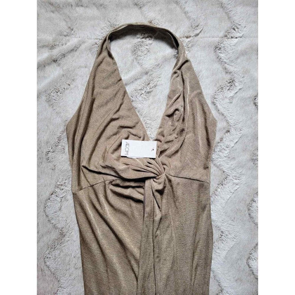 Aeom Metallic Shimmer Bronze Gold Halter Neck Maxi Dress NWT Size L - Picture 4 of 11
